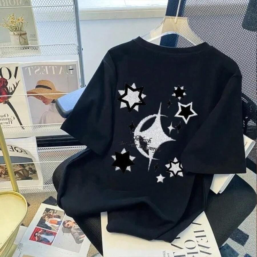 Camiseta con estampado de camisa casual para mujer, manga corta y cuello redondo, moda urbana local de primavera/verano camiseta unisex. U0OK - Negro 251 [Tejido de algodón puro] - Ver 1