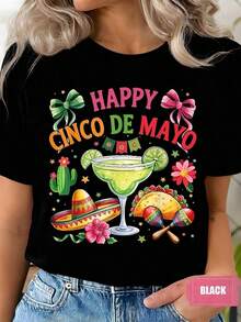 Camiseta de manga corta con cuello redondo y estampado de bebidas y sombreros del Cinco de Mayo para mujer, ideal para celebraciones festivas, vacaciones, con tela cómoda, adecuada para regalo, 220 g. - Negro - Ver 1