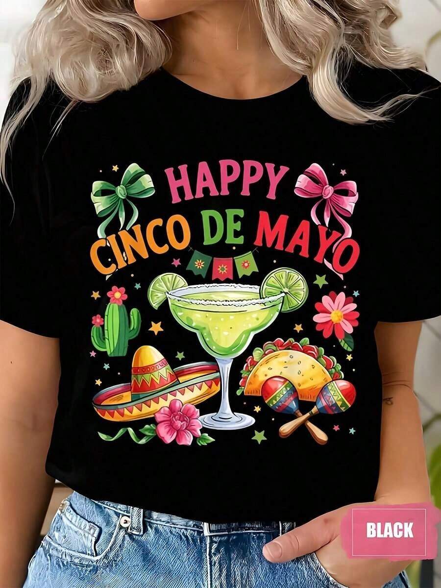 Camiseta de manga corta con cuello redondo y estampado de bebidas y sombreros del Cinco de Mayo para mujer, ideal para celebraciones festivas, vacaciones, con tela cómoda, adecuada para regalo, 220 g. - Negro - Ver 1
