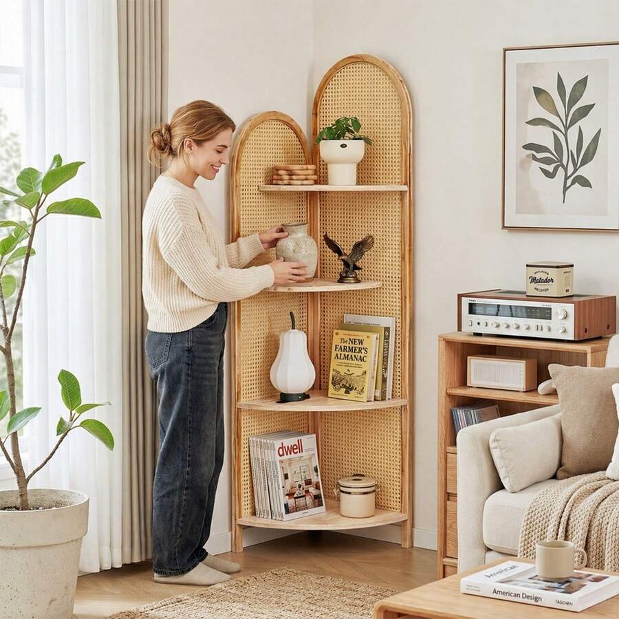 Corner Shelf Stand 4-Tier 70" Corner Shelves Display Shelf Solid Wood Frame With Rattan Wall Corner Bookshelf Multi Unit Organizer Rack With Legs For Living Room Decor,Small Space - Cà phê nâu - Xem 1