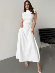 Vestido largo en línea A con cuello de pie, sin mangas y fruncido, color blanco, nuevo para el Día de San Valentín, elegante y romántico para citas y trabajo - Blanco - Ver 7