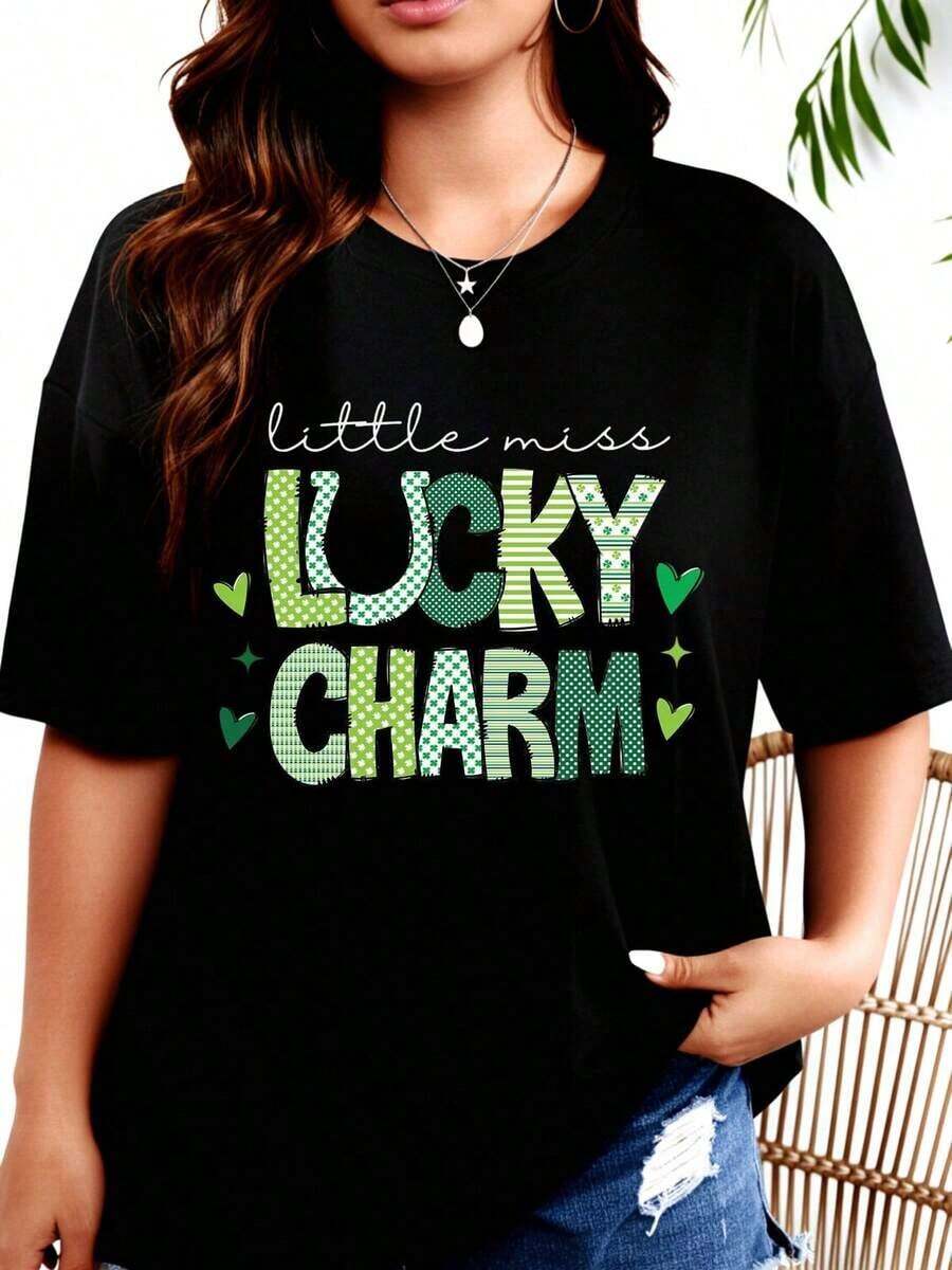 Camiseta de mujer TideLittle Miss Lucky Charm para el Día de San Patricio, camiseta gráfica casual para celebraciones festivas, diseño de patrón verde, atuendo divertido para vacaciones, camiseta de moda para mujer. - Negro - Ver 1