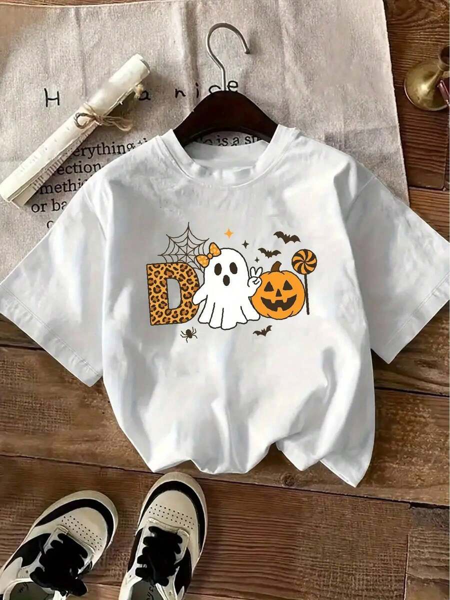 Camiseta de Mujer - Camiseta de Halloween de Talla Grande para Mujer - Diseño Adorable con Estampado de Calabaza, Murciélagos y Telaraña - Manga Corta, Cuello Redondo, Atuendo Casual para Fiestas, Corte Holgado, Lavable a Máquina, Ideal para Otoño y Ropa Informal - Prenda de Disfraz de Estética Espeluznante en Negro y Naranja con Estampado de Leopardo y Motivo Divertido - Estampado Digital Festivo con Temática de Halloween para Moda Femenina - Corte Relajado para Fiestas y Salidas - Tops para Mujer - Blanco - Ver 1