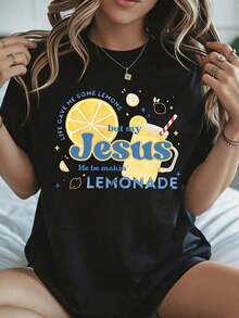 Elegant And Casual Women's Short-Sleeved T-Shirt With Graphic Print Of The Christian Faith, Jesus And The Phrase "Lemonade", White, Casual, For Everyday Wear And Religious Events. - 黑色 - 查看 8