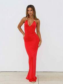 Vestido largo sin mangas cuello V ajustado con lazos espalda descubierta estilo europeo elegante verano para mujer - Rojo - Ver 2