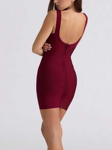 Women's Metallic Bandage Mini Dress, Y2K Sleeveless Scoop Neck Bodycon Party Tank Dress, Zipper Slim Fit Cocktail Club Dress For Streetwear Night Out - Màu Đỏ Sâu - Xem 6