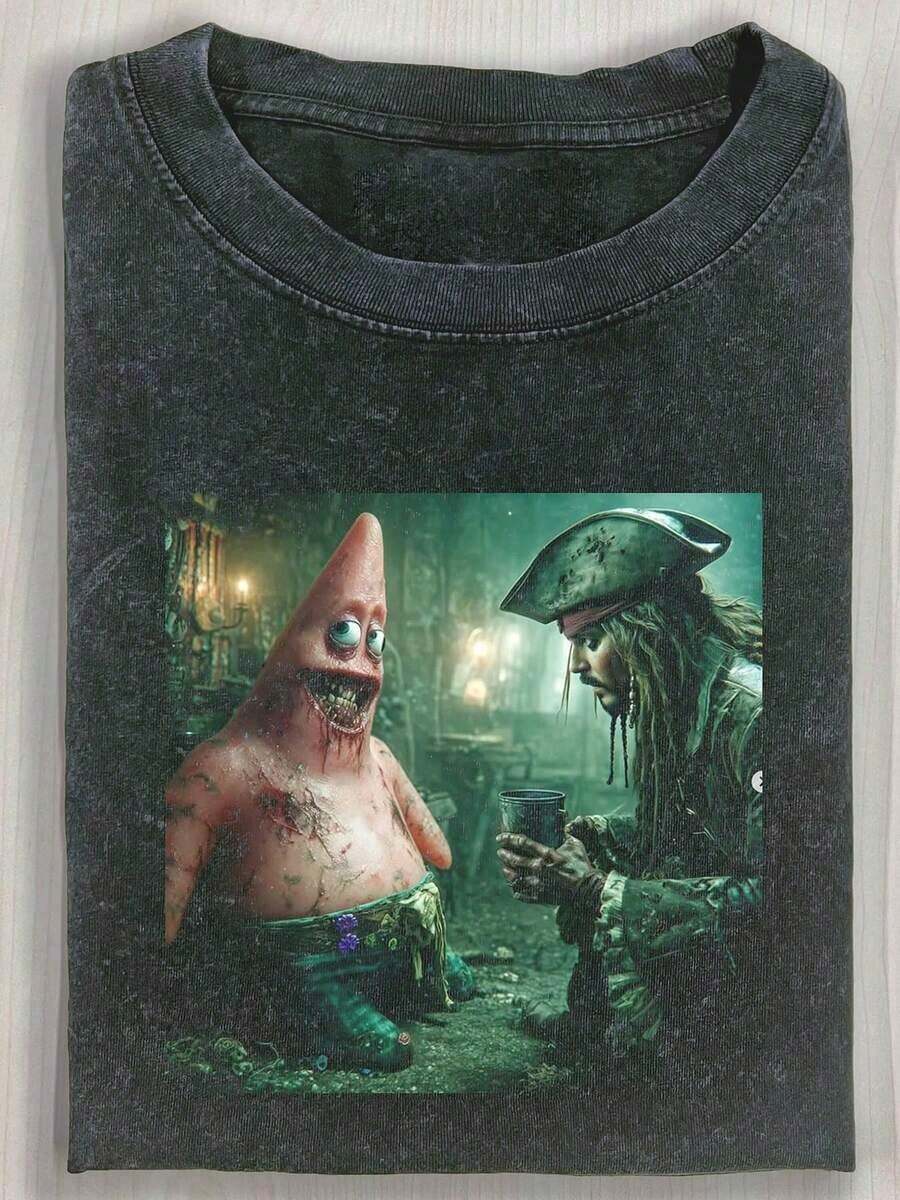 Rogue And Pirate, Camiseta Estampada de 230g, Algodón Batik de Alta Calidad, Camiseta de Marca de Moda Retro de Peso Pesado, Cuello Redondo, Holgada, Talla Grande, Casual, Unisex, Regalo Perfecto para las Fiestas. - Negro - Ver 1