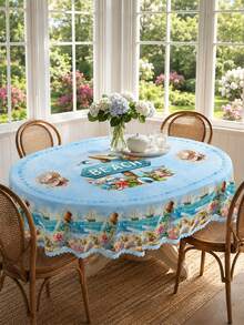 1 Piece Of Summer Beach Starfish Shell Patterned Tablecloth, Polyester Tablecloth With Fan-Shaped Edges, Suitable For Terraces, Kitchenware, Beach Parties, Wedding Decorations, Swimming Pool Parties, Tropical Home Decor, With A Nautical Theme Wallpaper. - Multicolor - View 3