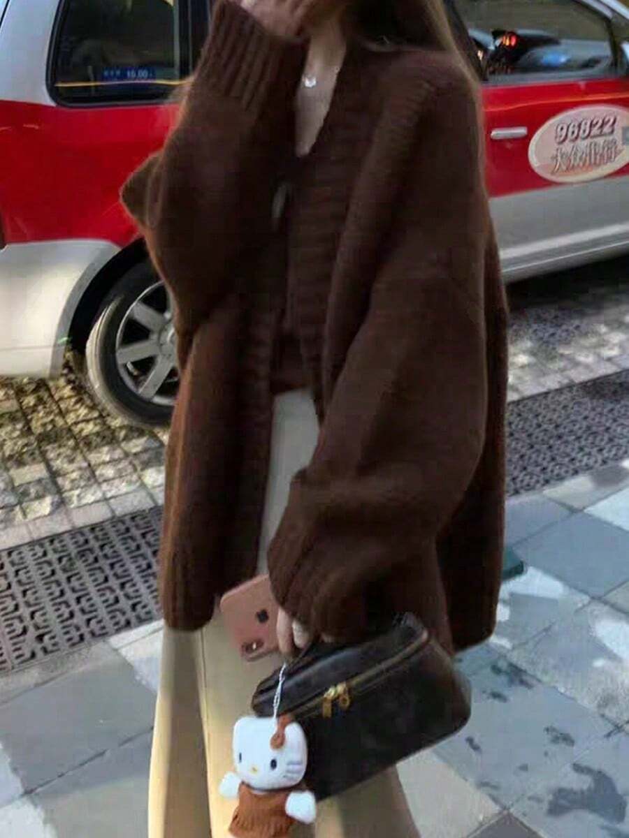 Women's Knitted Jacket, Women's Tweed Jacket, Autumn And Winter Loose Lazy Windproof Slim Cardigan Jumper, Versatile Knit Sweater Tops - 咖啡棕 - View 1