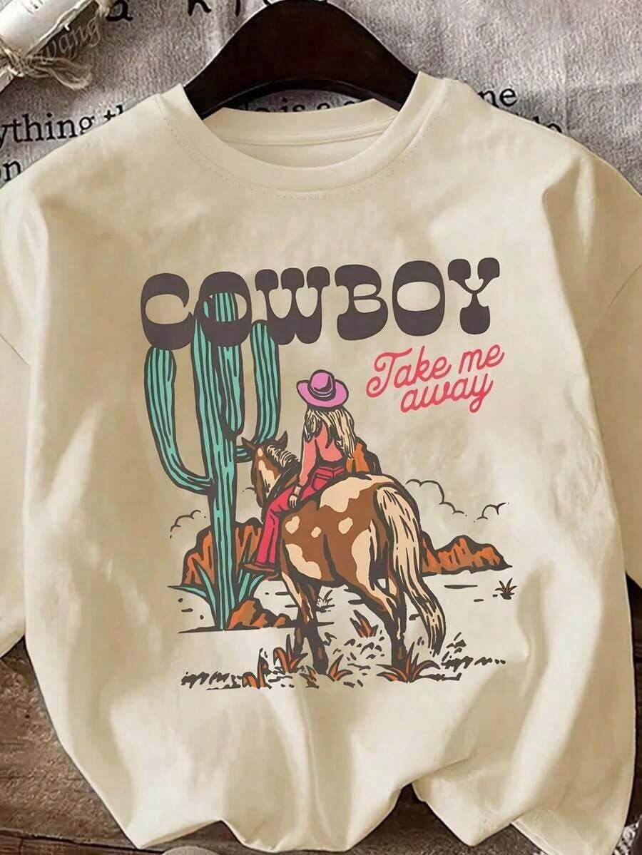 MujeresAlgodónGráficoCamiseta-VaqueraTomaYoLejosDesiertoImprimir,SueltoAjusteCortoMangaRedondoCuello,TranspirableInformalVeranoTeeParaFestividades&DiarioDesgaste,SeñorasTCamisas,VaqueroTemaCamisaCómodoTela,FiestaConjunto de ropaDibujos animadosDiseño,SuaveMaterial,ImpresoSuperior,AdultosCamiseta fresca de verano, estilo unisexCamiseta fresca de verano, estilo unisex - Albaricoque - Ver 1