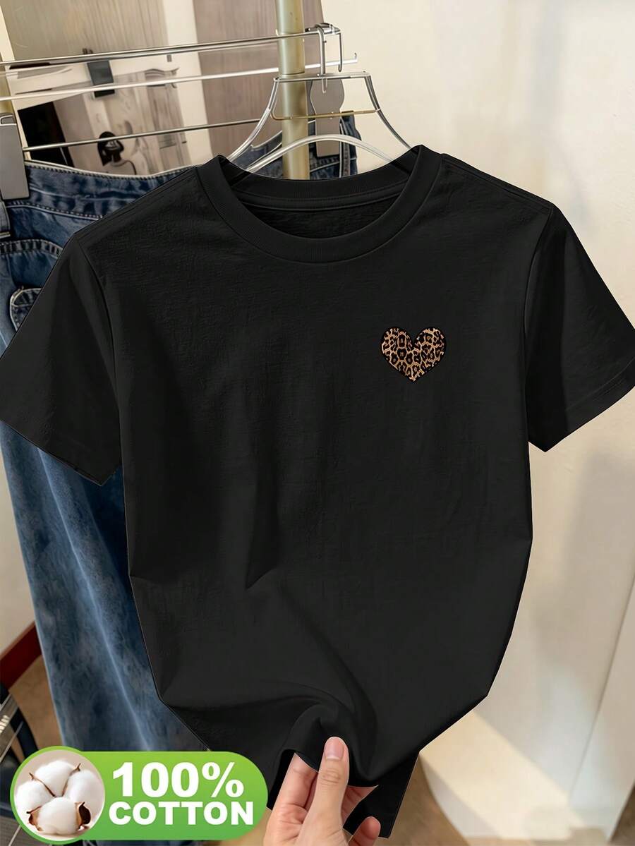 Limited Edition: Short-Sleeve T-Shirt With Round Neck And Leopard Print Hearts, Modern And Breathable, For Daily Outings, Campus Trips, Picnics And Other Occasions 15381 Lightweight Cotton - 黑色 - 查看 1