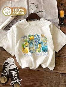 Limited Edition Graphic Print T-Shirt, Short Sleeves, Round Neck, Casual Top For Summer And Spring, Women's Clothing, Lightweight Cotton. - 杏色 - 查看 12
