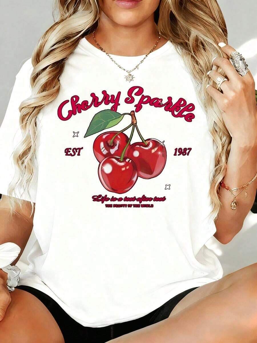 Cherry Sparkle Est. 1987 La vida es un dulce regalo después del sabor. La belleza del mundo. Camiseta gráfica para mujer, top casual de gran tamaño, estampado de moda de verano, 180g, para ocio, hogar, exterior, regalo para el Día de San Valentín o fiesta. - Blanco - Ver 1