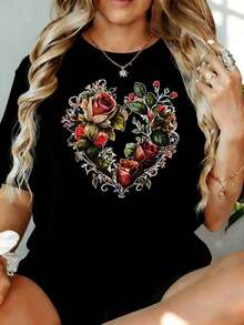Camiseta Holgada de Mujer con Estampado de Corazones Florales y Manga Corta, Estilo Casual para Primavera y Verano, 180g, para Ocio en Casa, Aire Libre, Regalo para Fiesta de San Valentín - Negro - Ver 7