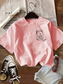 Camiseta de edición limitada con estampado gráfico, manga corta, cuello redondo, top casual para verano y primavera, ropa de mujer, algodón ligero. - Albaricoque - Ver 11