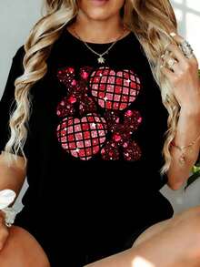 Women's Casual T-Shirt With Sparkling Heart Print Xoxo Valentine's Day, 180g, For Leisure At Home Or Outdoors, Valentine's Day Party Gift - 黑色 - 查看 7