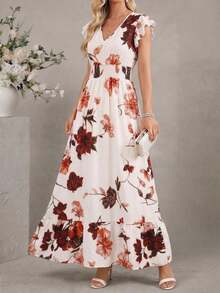 Vestido largo elegante de mujer con cintura fruncida y volantes, vestido de verano para vacaciones, vestido para citas - Multicolor 3 - Ver 1