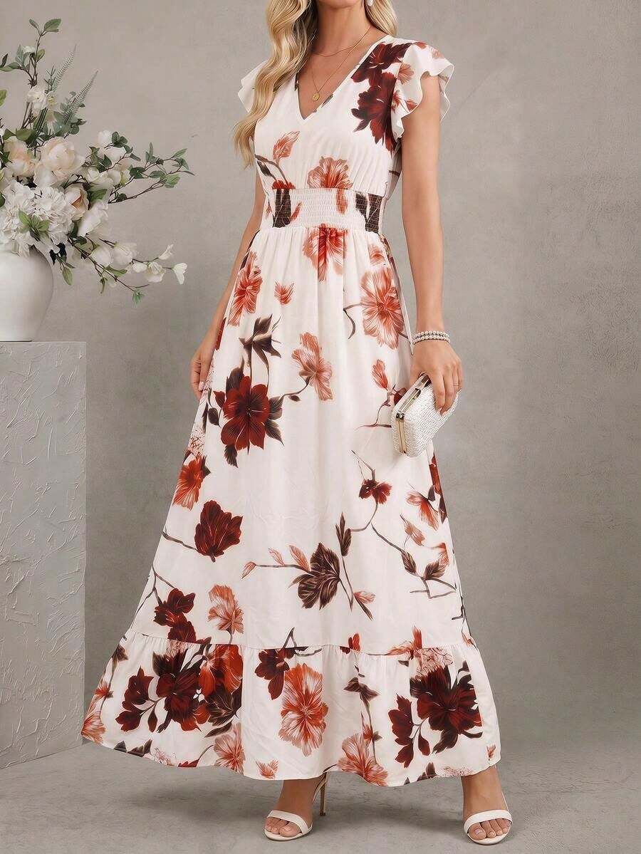 Vestido largo elegante de mujer con cintura fruncida y volantes, vestido de verano para vacaciones, vestido para citas - Multicolor 3 - Ver 1