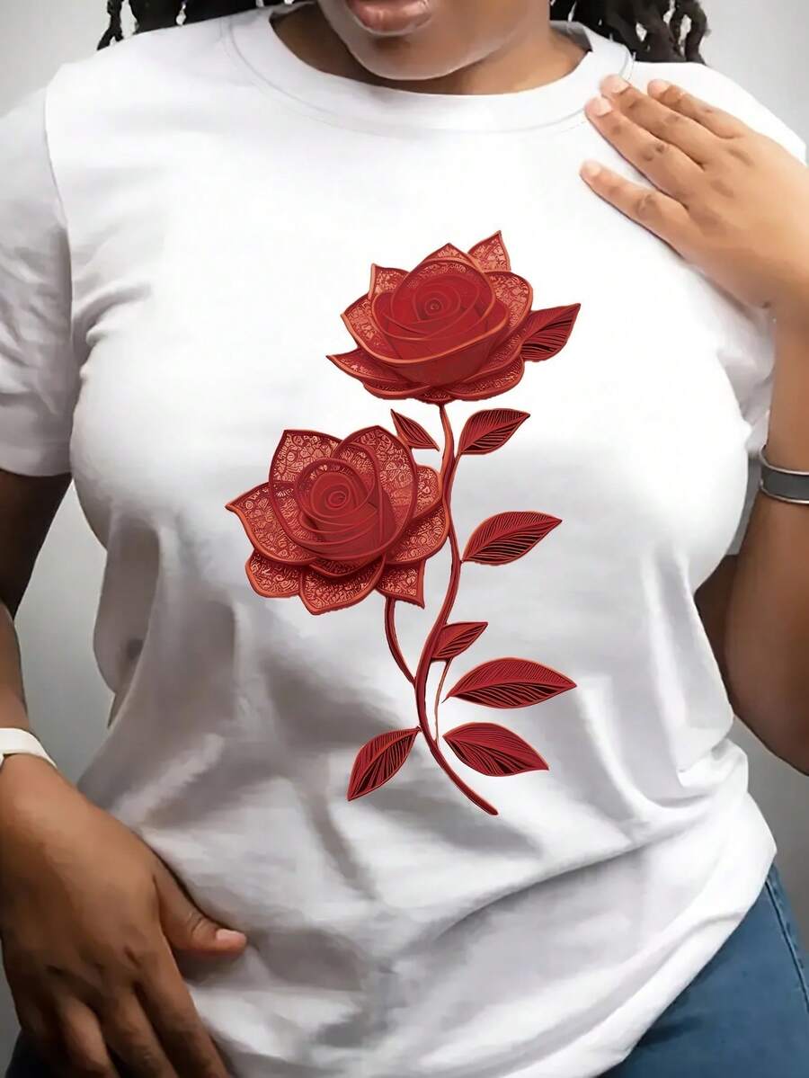 Snygg, avslappnad sommar-T-shirt med korta ärmar för kvinnor med en figurnära design, ett fint rostryck och rund halsringning. - Vitt - Visa 1
