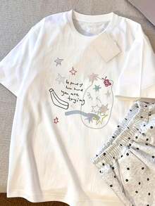 Nueva camiseta de manga corta para mujer, estilo coreano, versátil, blanca, con dise?o moderno y de nicho, estampada y pintada a mano, ideal para el verano. - Blanco - Ver 1