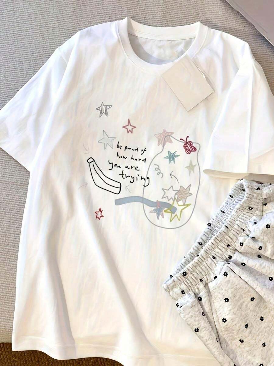 Nueva camiseta de manga corta para mujer, estilo coreano, versátil, blanca, con dise?o moderno y de nicho, estampada y pintada a mano, ideal para el verano. - Blanco - Ver 1