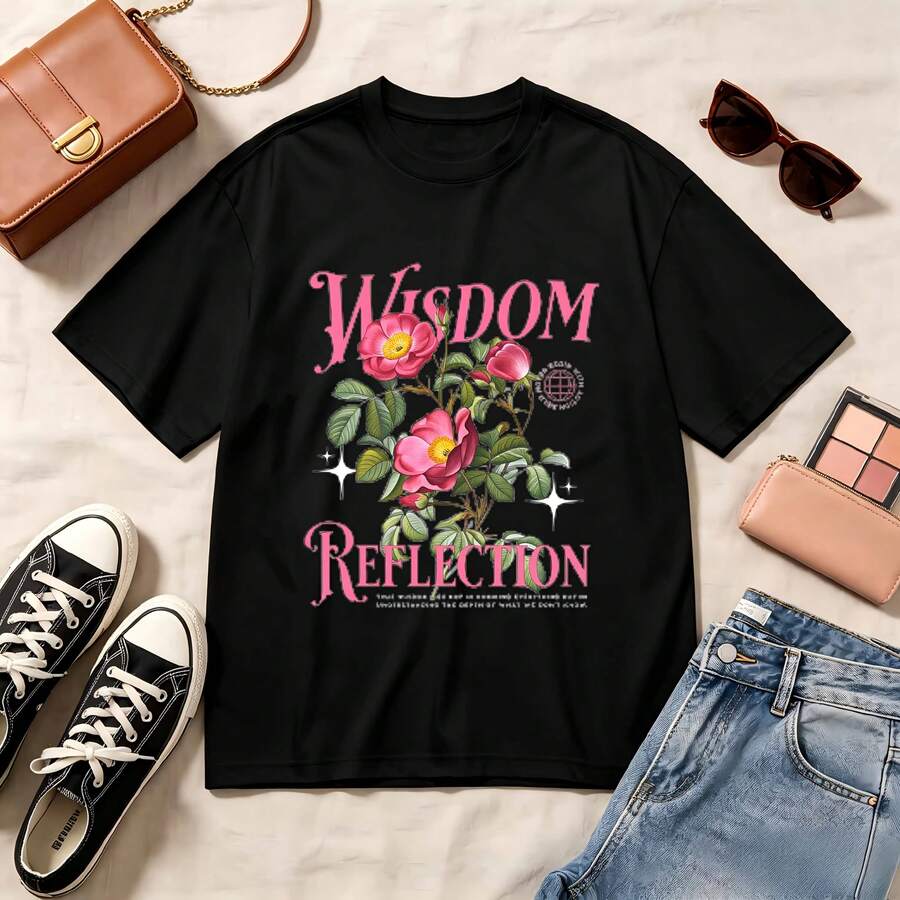 Retro Vintage, Wisdom Reflection Floral Design, 100% Cotton Oversized Soft Breathable, Casual Crewneck Short Sleeve Top, Romantic Aesthetic Summer Vibes, Streetwear Kawaii Style - 黑色 - 查看 1