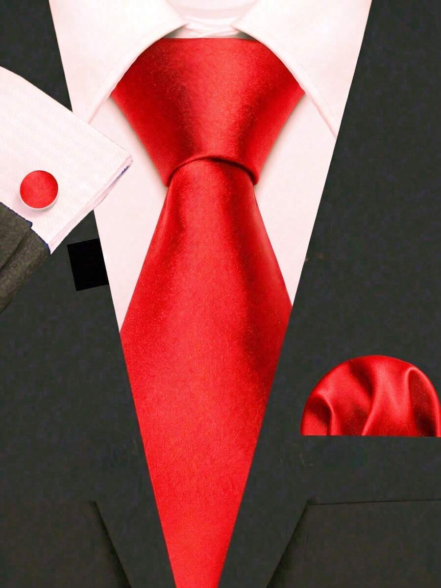 Men's Solid Color Necktie Set, Includes 8cm Necktie, Pocket Square, Cufflinks, Suitable For Business, Formal Occasions, Weddings And Parties - Red - View 1