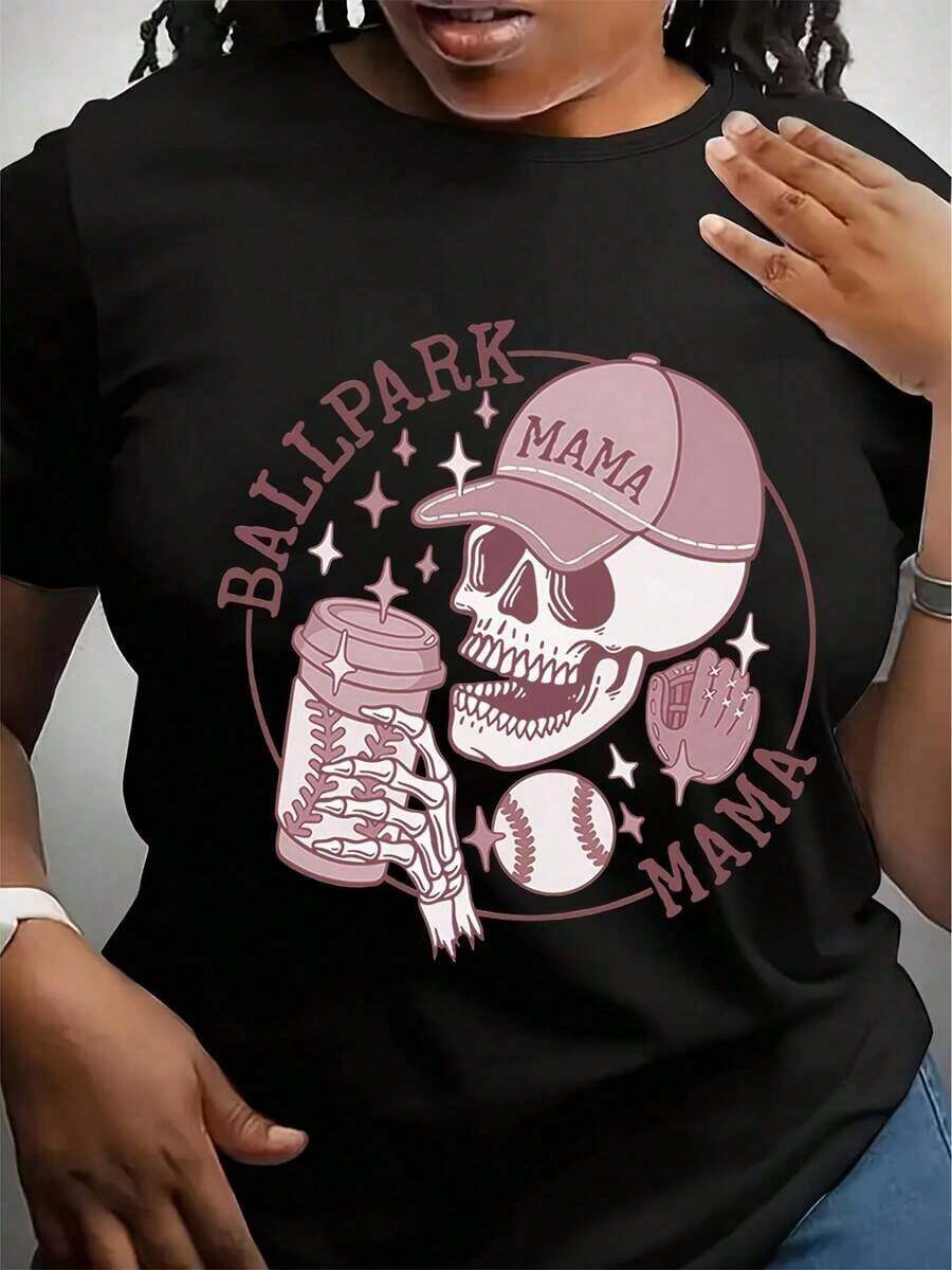 1 camiseta gráfica de béisbol para mujer - Camiseta casual de manga corta con estampado de calavera y bate de béisbol, camiseta suave de cuello redondo para mamás, regalos de cumpleaños y Día de la Madre, ropa lavable a máquina para todas las estaciones. - Negro - Ver 1