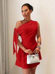 Vestido mini de mujer de línea A con un hombro, cintura con lazo y ajuste elegante, ideal para uso diario, vacaciones, viajes, citas, temporada de bodas, invitada de boda, playa, estilo occidental, nómada, casual, uso en el aeropuerto, brunch, re - Rojo - Ver 6