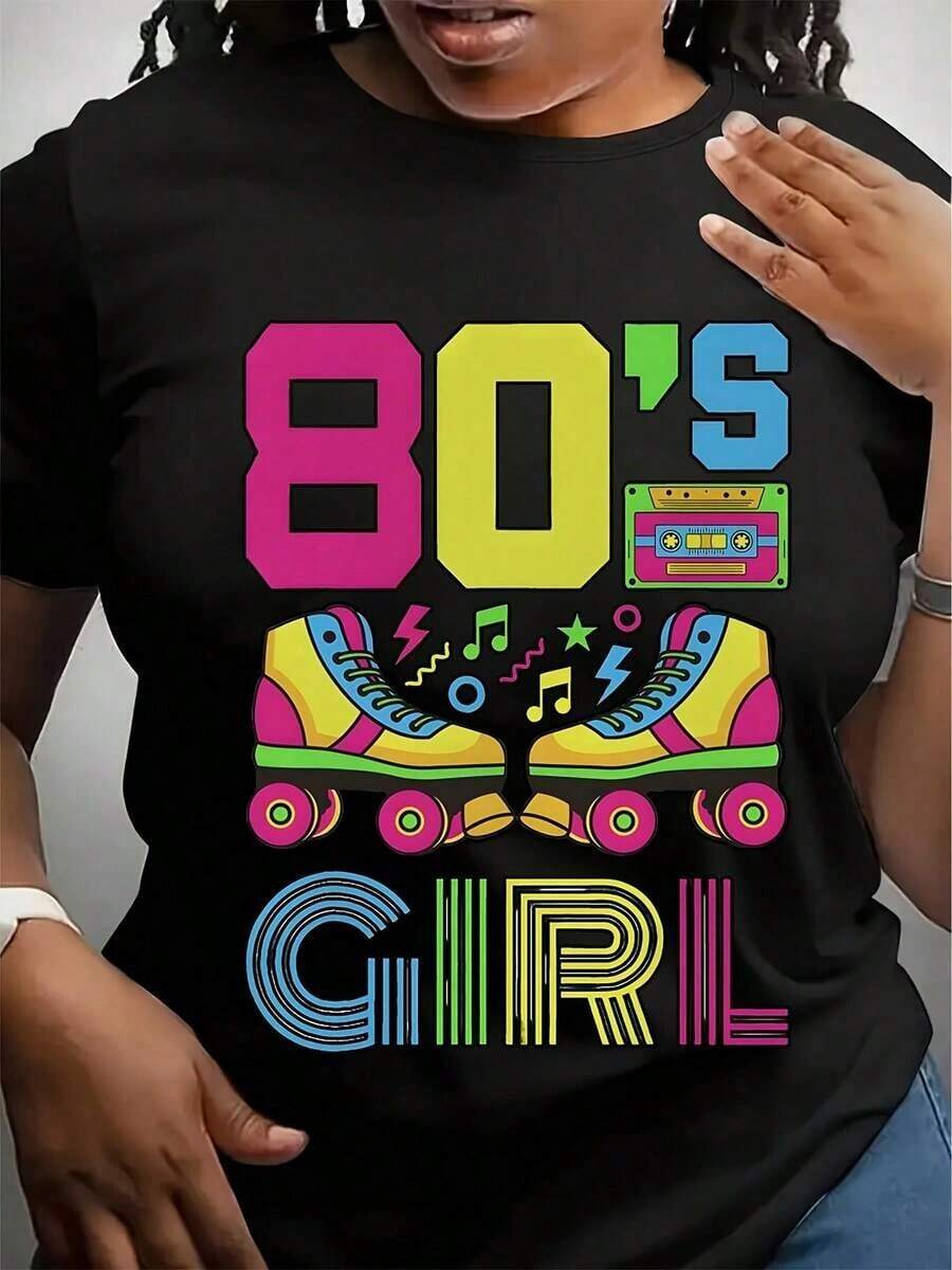Camiseta Gráfica de Patines de los 80 para Mujer - Rosa Vibrante, Diseño con Notas Musicales, Camiseta Casual de Manga Corta con Cuello Redondo para Verano, Ropa Casual de Verano, Camiseta Gráfica Divertida, Ajuste Cómodo - Negro - Ver 1