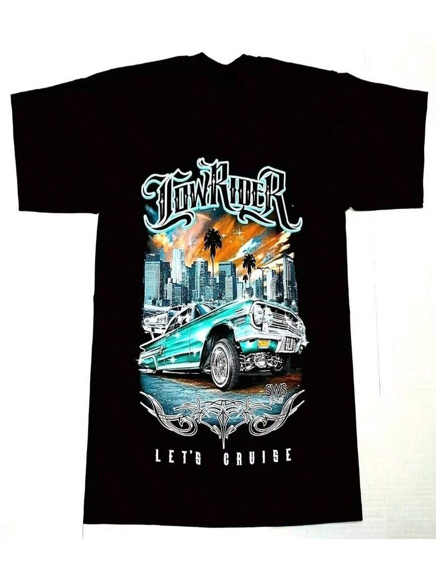 Camiseta de mujer de corte bajo, estilo urbano, corte holgado, decorada con estampado de coches/camiones, ideal para fiestas informales en la playa, de secado rápido. - Negro - Ver 1