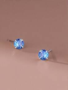 1 Pair S925 Sterling Silver Mini Sparkling Blue Zirconia Stud Earrings, Minimalist Design, Niche Elegant, Suitable For Women's Daily Commute, Vacation, Party, Can Be Stacked, Fashionable And Personalized Accessory For Pierced Ears - Drill - View 5