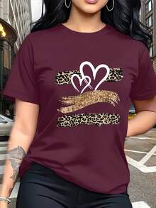Glitter Heart Print T-Shirt With Leopard Print Design,  And Breathable, Suitable For Family Trips, School Activities, Casual Sports, Daily Commutes, Matching Sister Outfits, Versatile T-Shirt. 9XO7 - 紫紅色 - 查看 1