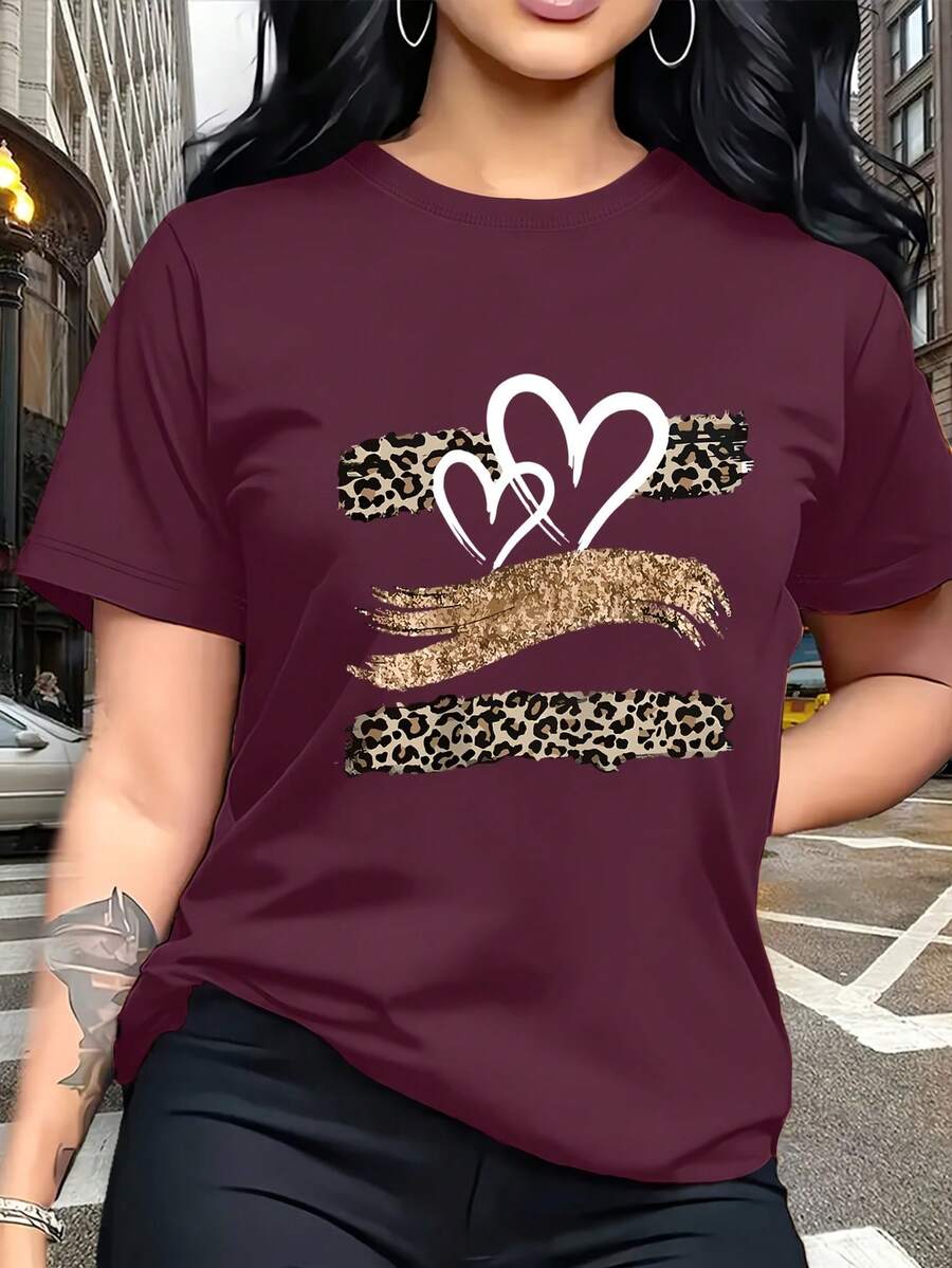 Glitter Heart Print T-Shirt With Leopard Print Design, And Breathable, Suitable For Family Trips, School Activities, Casual Sports, Daily Commutes, Matching Sister Outfits, Versatile T-Shirt. 9XO7 - 紫紅色 - 查看 1