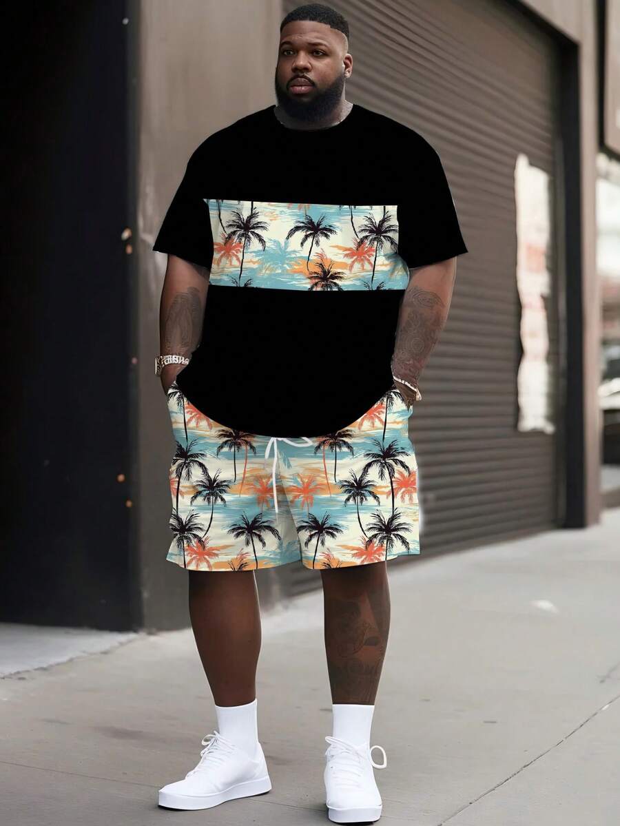 2pcs Plus Size Men's Coconut Tree Print Short Sleeve Shorts Set, Round Neck Tee With Drawstring Shorts, Breathable Soft Comfortable Fabric