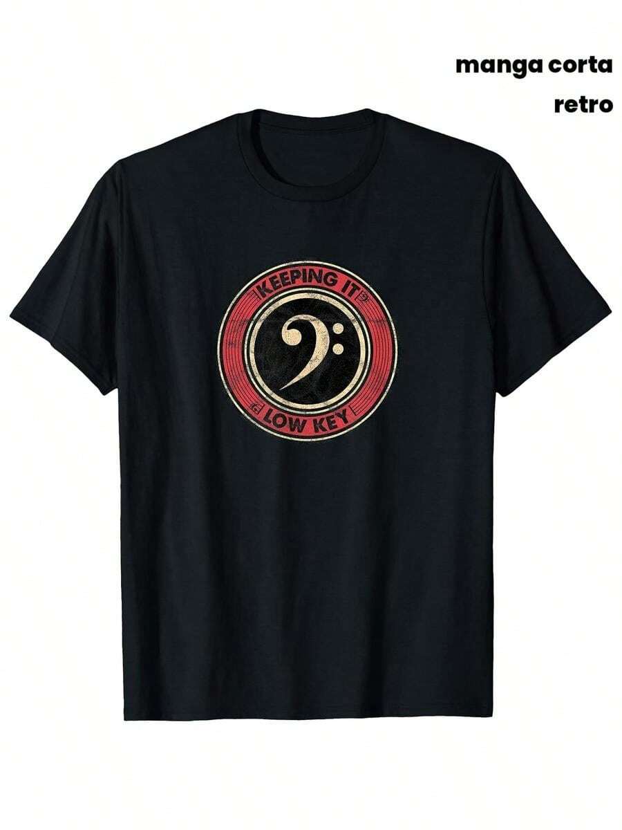 Men's Retro Music T-Shirt - Bass And Bb Clef Pattern Design - Breathable Short-Sleeve Cotton T-Shirt In [Color], Suitable For Musicians And Music Enthusiasts - Style - 黑色 - 查看 1
