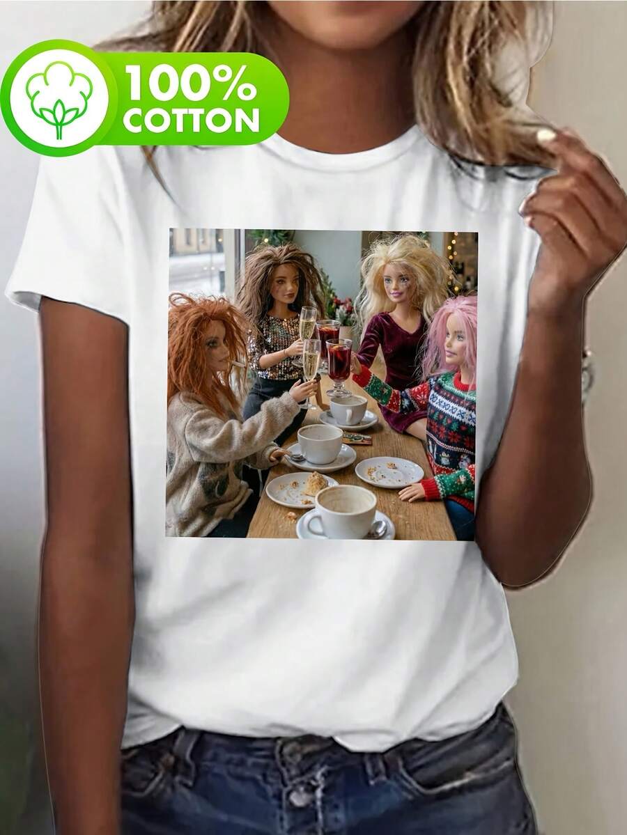 Camiseta 100% con estampado de muñeca, manga corta, cuello redondo, top casual, ideal para primavera y verano, ropa de mujer, camiseta de muñeca, top de dibujos animados - Blanco - Ver 1