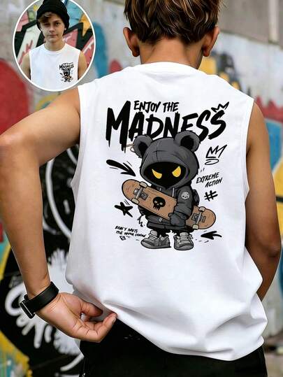 Boys Skateboard Bear Graphic Tank Top, Kids "Enjoy The Madness" Streetwear Sleeveless Tee, Casual Summer Top