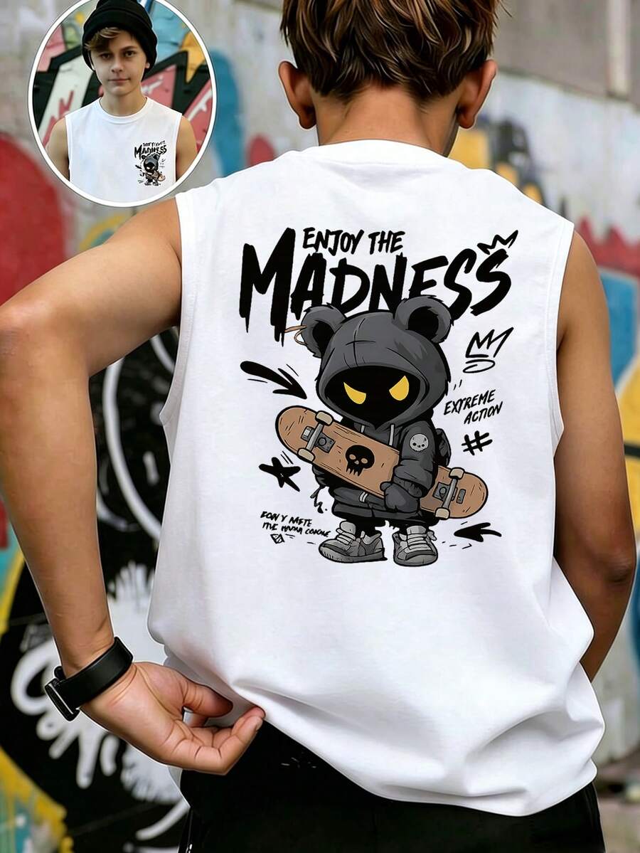 Camiseta sin mangas de cuello redondo casual para niños y estudiantes adolescentes, fresca y con estilo, para primavera/verano - Blanco - Ver 1