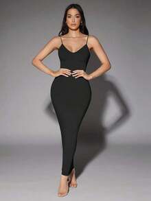 Vestido ajustado unicolor de espalda abierta - Negro - Ver 6