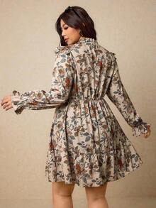 Vestido casual de manga larga con cuello de lazo, volantes y estampado floral para mujer de talla grande, apto para primavera/invierno - Multicolor 2 - Ver 2