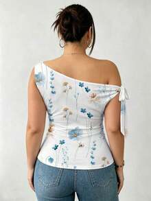 Camiseta ajustada de mujer talla grande de unicolor y cuello asimétrico, para verano - Multicolor 6 - Ver 2