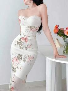Vestido largo y delgado de encaje floral con parches para mujer, vestidos largos de verano, vestido de cuello halter, vestidos florales, vestido de vuelo, tela elástica, vestido romántico y sexy, adecuado para uso diario, viajes, fiestas y citas - Multicolor 3 - Ver 2