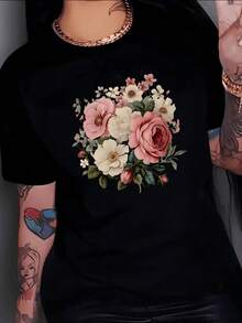 Soft Flowers In Shades Of Pink And Cream Symbolize Calm Elegance And Natural Feminine Energy. Women's T-Shirt With Delicate Floral Print And A Modern Romantic Touch. - 黑色 - 查看 8
