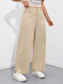 Jeans rectos y sueltos con bolsillos - Caqui - Ver 5