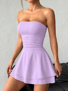 Vestido corto de escote palabra de honor con volantes y estampado de leopardo sexy - Morado - Ver 4