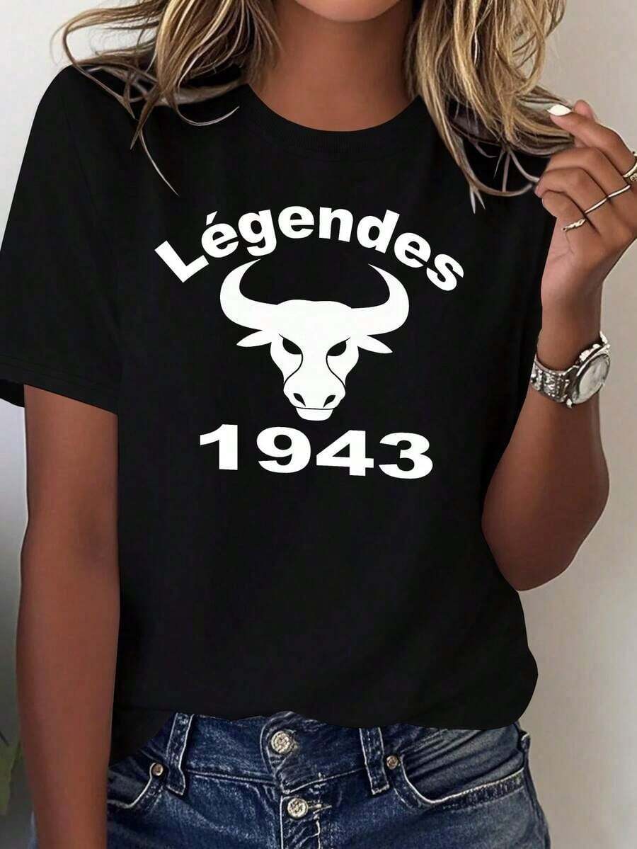Estilosa playera con diseño de toro y frase "Légendes 1943", estilo vintage y audaz, ideal para looks urbanos y con actitud. - Negro - Ver 1
