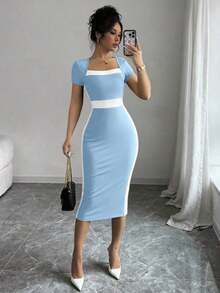Vestido ajustado de cuello cuadrado con bloques de color para mujer - Celeste - Ver 1
