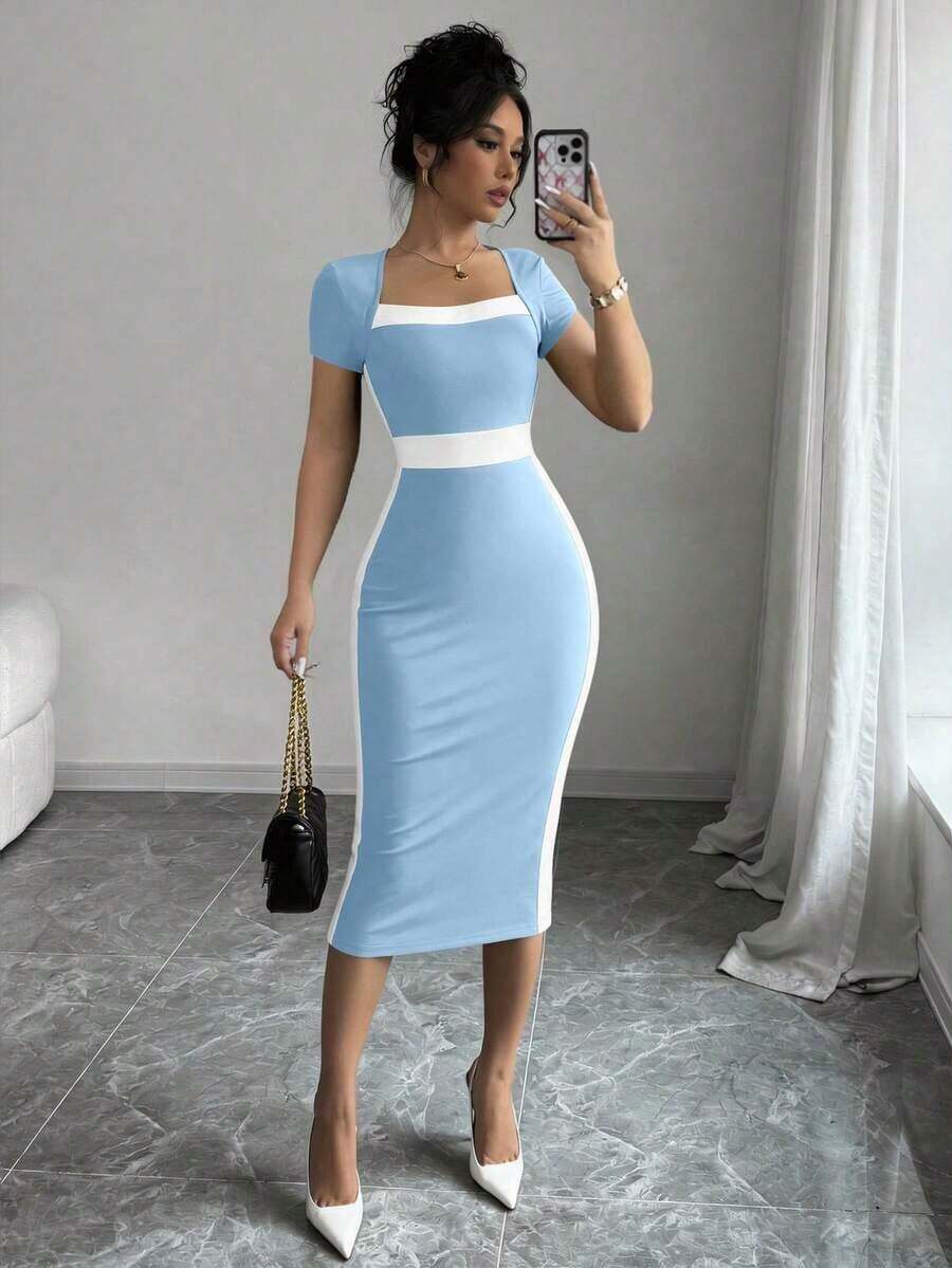 Vestido ajustado de cuello cuadrado con bloques de color para mujer - Celeste - Ver 1