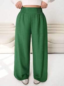 2026 Primavera/Verano Nuevos pantalones casuales para uso diario, fiestas, ir al trabajo, volver al colegio, citas, en casa, fiestas de cumpleaños, para múltiples ocasiones, con cintura elástica holgada, pernera ancha, color beige, talla grande - Verde militar - Ver 6